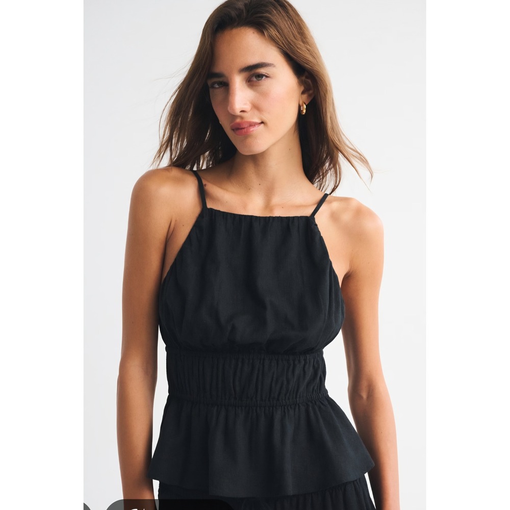 A&F NWT Black Halter Strappy Smoked Waist Linen Top sz XL Baby Doll Cottage Boho